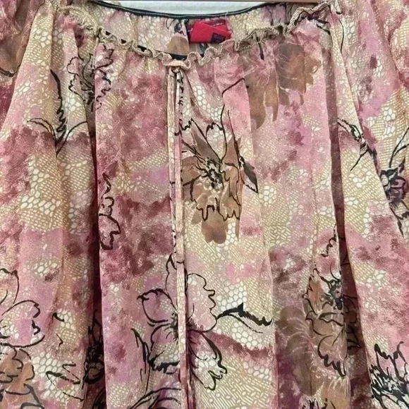 Womens Umgee Tan And Pink Boho Sheer Top Size Medium Floral Ruffles - Picture 4 of 7